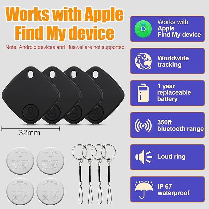 Tracker Tags-4 Pack, Bluetooth Tracker Work with Find My (iOS Only), Smart Trakcer Tag Key Finder and Item Locator with Lanyard, Tracker Tag for Keys, Luggage Replaceable Battery