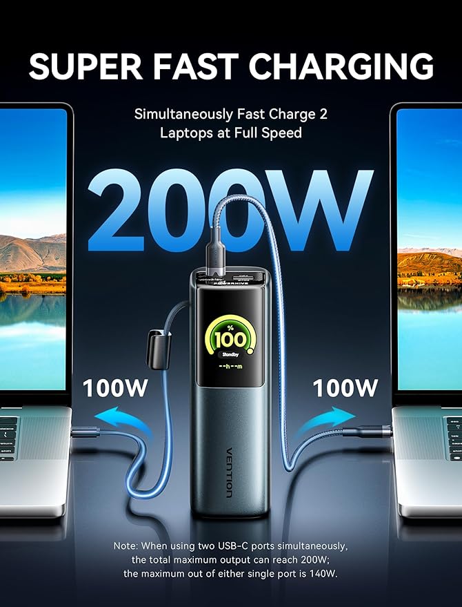 VENTION Powerhive 27000mAh Laptop Power Bank, 200W, Built-in and Extra 240W USB-C Cables, Portable Laptop Charger, Digital Display, for iPhone 17/16/15/14/13 Pro Max, MacBook, Dell, HP, Galaxy S24