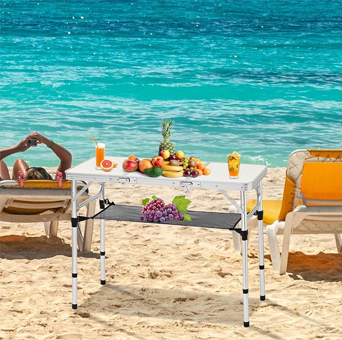 3ft Aluminum Folding Picnic Table - Lightweight & Portable Outdoor Table with Adjustable Height, Storage Net for Camping, Backyard, RV Trips