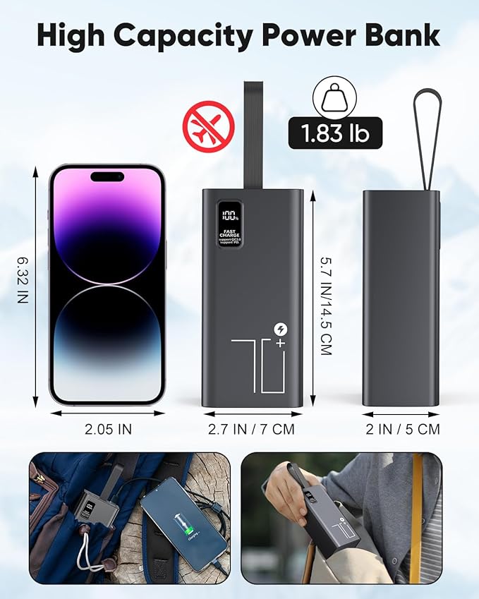 Portable Charger 70000mAh Power Bank Fast Charging, External Battery Pack High Capacity, 30W USB C Battery Bank PD&QC 3.0, 5 Output 2 Input, LED Display Powerbank for iphone Tablet Camping Travel