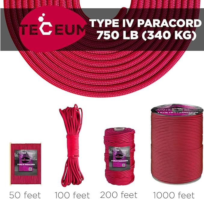 TECEUM 5/32" Paracord Rope 1000 – 1000ft / 200ft / 100ft / 50ft – Tactical Parachute Cord 4mm – 45+ Colors – Nylon String for Survival & Camping Gear – Stripe Cord for Survival – Utility Rope