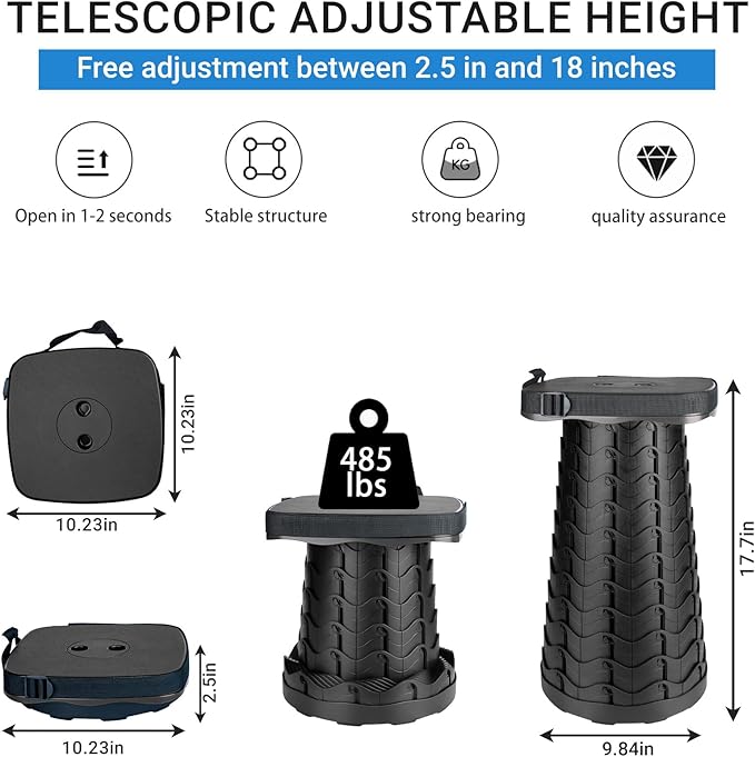 Upgraded Square Folding Stool, Max Load Capacity 485lbs, Portable Collapsible Seat, Telescoping Foldable Stool for Camping,Fishing,Hiking,Travel