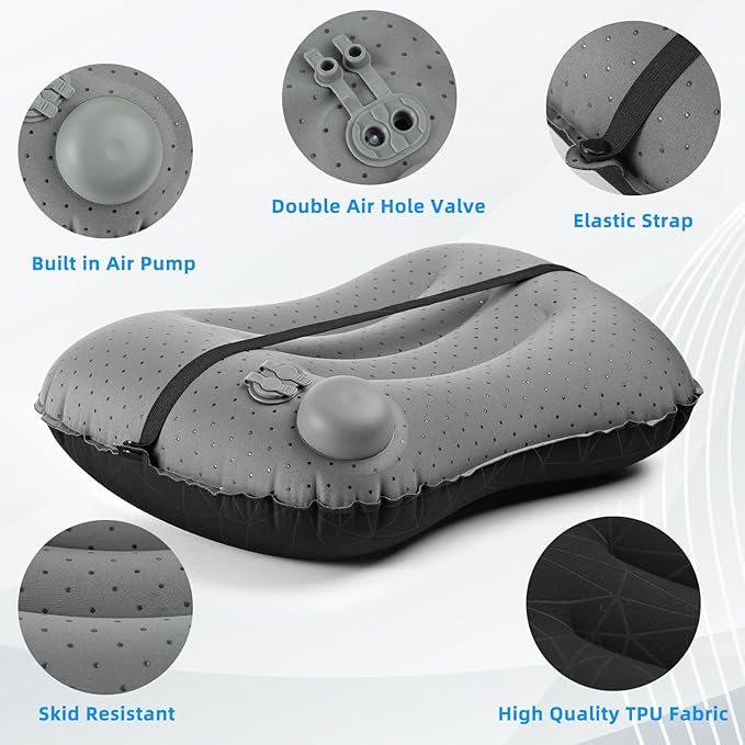 Camping Pillow with Built-in Pump - Inflatable Pillows - Travel Pillows for Backpacking & Airplane, Lumbar Support Blow Up & Press to Inflate Pillow, Compressible, Comfortable Pillow(Black w/Pump)