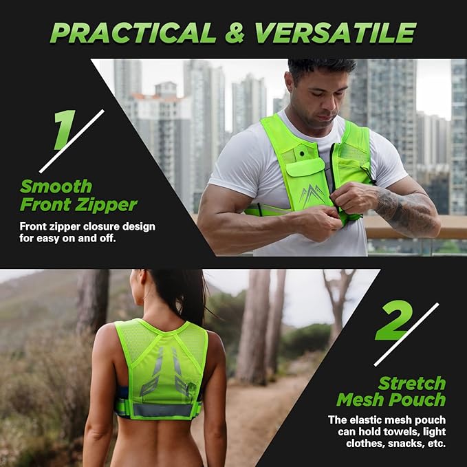 REVALI Zip Reflective Running Vests with Hydration Bottle, Adjustable Waistband & Breathable Material, Chest Pack Gear Phone Holder for Men & Women