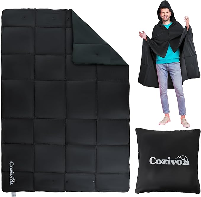 Camping Blanket, 2-in-1 Wearable Puffy Camping Blanket with Hood & Snap Buttons Waterproof Lightweight Travel Blanket Converts to Pillow for Backpacking, Beach, Picnics, Stadium (Black)