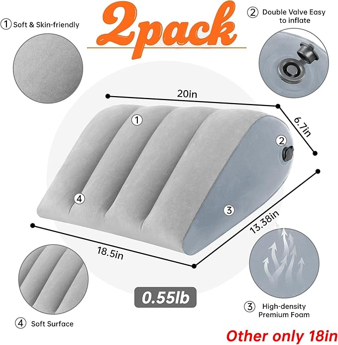 Portable Inflatable Wedge Pillow 2 Pack,Body Positioner for Sleep Support, Large 20in Adjustable Travel Cushion - Lightweight Bed/Leg/Partner Support Pillow, Fast Inflation, Grey