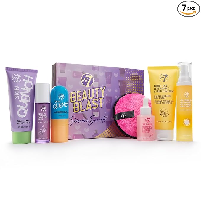 W7 Beauty Blast Skincare Secrets Set - Complete Full Size Skincare Routine with Day Cream, Serum, Cleansers, Toner Mist, Eye Cream and Makeup Remover Pad
