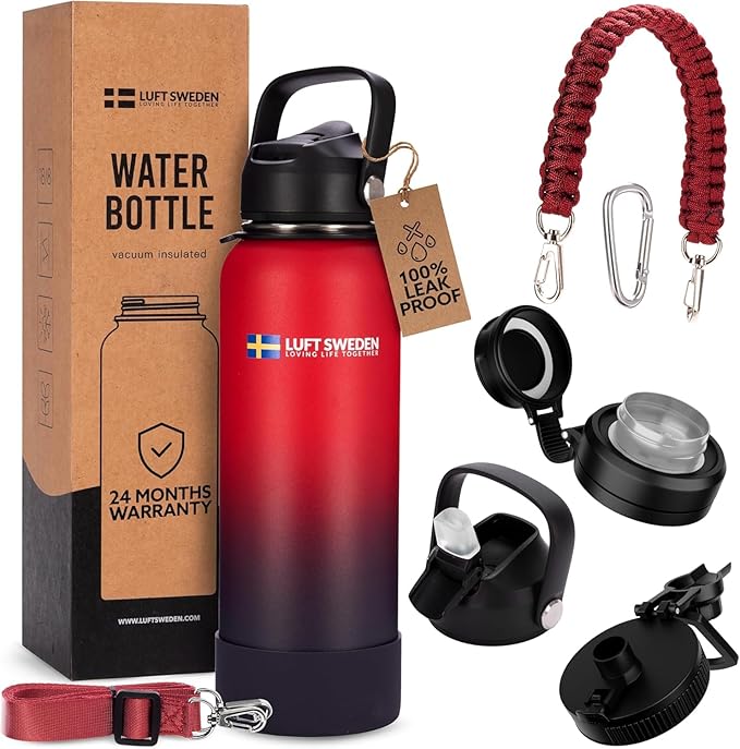 LUFT SWEDEN 40 oz Insulated Water Bottle with Straw Lid – Red & Purple – Stainless Steel, Leakproof, Dishwasher Safe – Double Wall Gym Flask for Ice-Cold Drinks – BPA-Free Reusable Thermos