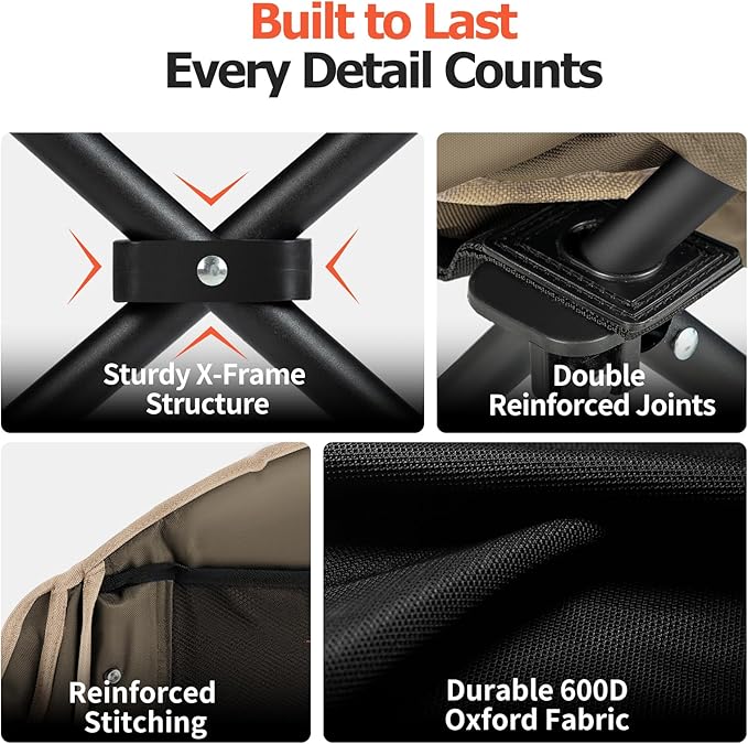 Overmont Oversized XL Camping Chair for Adults - 400lbs Support Heavy-Duty Padded Folding Chair with Side Pocket Cup Holder Cooling Bag for Outdoor Sports Garden Beach Fishing Lawn Khaki