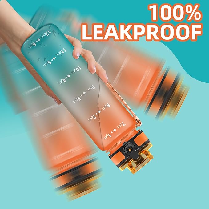 OLDLEY 32 oz Water Bottle, Motivational Water Bottle with Time Marker, Sports Water Bottle With Strap, Leakproof & BPA Free Large Water Bottles for School, Gym, Travel, Outdoor, Tritan,Orange&Green