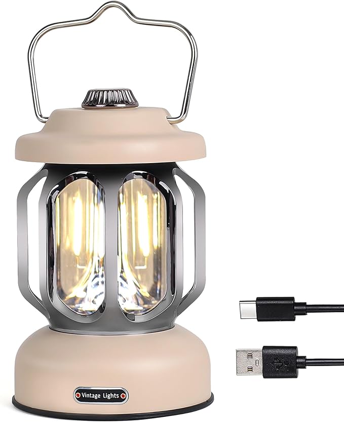 Rechargeable LED Camping Lanterns, 2000mAh Vintage Camping Lights Battery Operated Rechargeable , Hanging Retro Metal Hiking Tent Lamp for Emergency, Hurricane,Decoration,Home,White,1 Pack