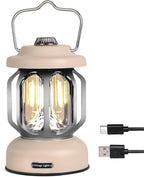 Rechargeable LED Camping Lanterns, 2000mAh Vintage Camping Lights Battery Operated Rechargeable , Hanging Retro Metal Hiking Tent Lamp for Emergency, Hurricane,Decoration,Home,White,1 Pack