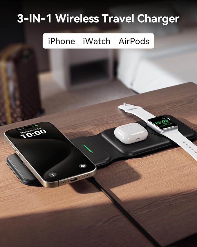 INIU 3 in 1 Charging Station Multiple Devices for Apple, 15W Magnetic Foldable Travel Wireless Charger for iPhone 16 pro max 15 14 13 12 Series, iWatch 10 9 8 SE/Ultra Series, AirPods 4 3 2 pro