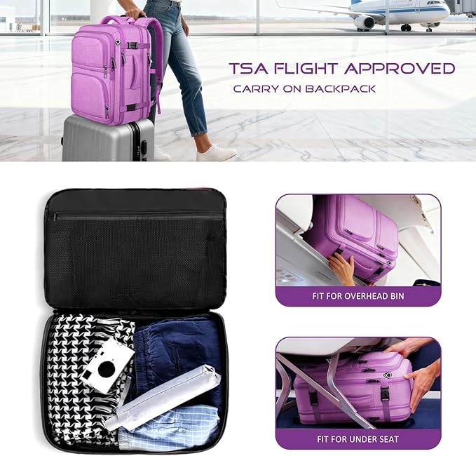 Travel Backpack for Women, Expandable Carry on Backpack, TSA 17.3 inch Laptop Bag Flight Approved, Lightweight Waterproof Business Luggage Bag, Travel Gifts for Women, Purple
