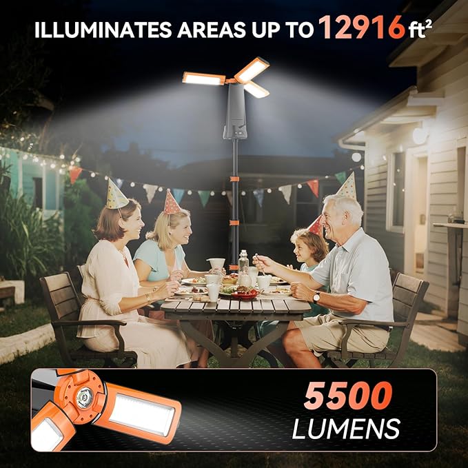 Rechargeable Camping Light with Stand, 15000 mAh Cordless Work Light with 3 LED Lamp Heads, 5500 Lumens Dimmable Camping Essentials Gear Emergency Flashlight with 86" Detachable Tripod, Orange
