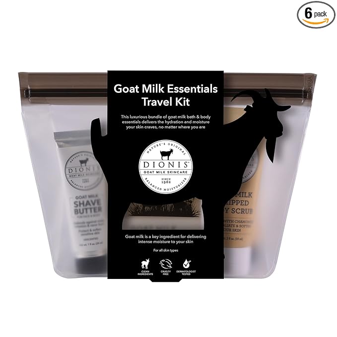 Dionis Goat Milk Vanilla Bean Hand Cream, Body Lotion, Whipped Body Scrub, Shave Butter, Bar Soap 6 oz & Carrying Case 6-Piece Travel Set