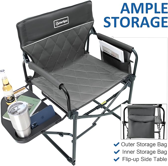 Oversized Directors Chairs Heavy Duty Folding Outdoor Chairs with Detachable Side Pocket and Adjustable Side Table for Outside,Lawn,Fishing, Folding Camping Chair up to 350Lbs Capacity (Grey)