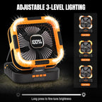 Raddy CF3 Solar Camping Fan Rechargeable, 20,000mAh Portable Fan Battery-Powered with 3W Solar Panel, USB Charging, LED Light, 6 Speeds, Oscillating for Outdoor Tent Travel Emergency