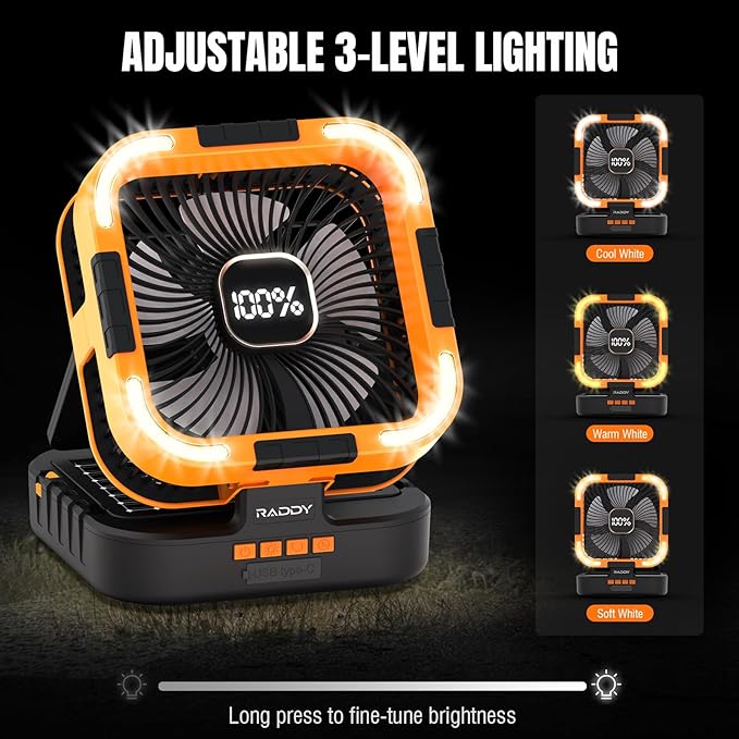 Raddy CF3 Solar Camping Fan Rechargeable, 20,000mAh Portable Fan Battery-Powered with 3W Solar Panel, USB Charging, LED Light, 6 Speeds, Oscillating for Outdoor Tent Travel Emergency