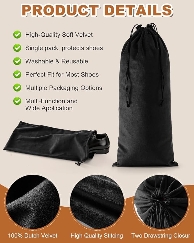6 Pcs Single Shoe Bags for Travel, 17.3"x8.6" Washable Travel Shoe Bags for Packing in Suitcase, Velvet Dust Bag with Drawstring, Shoe Pouch for Women and Men, Travel and Home Storage(Black Beauty)