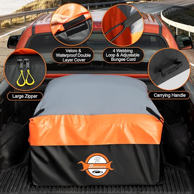 Sailnovo Truck Bed Cargo Bag, 36 Cubic ft 100% Waterproof Cargo Bag for Truck Bed, Heavy Duty PVC Truck Cargo Bag Fits Any Truck Size with 6 Stretch Cord, Packing Bag (59''x48''x22'')