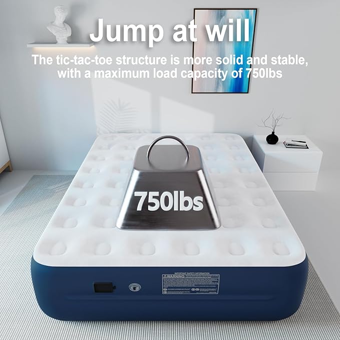 Air Mattress with Battery Pump, Rechargeable USB Electric Pump, Dutch Velvet Surface Self Inflatable Mattress Queen, Portable Air Bed for Camping, Indoor and Outdoor (18" Blue)