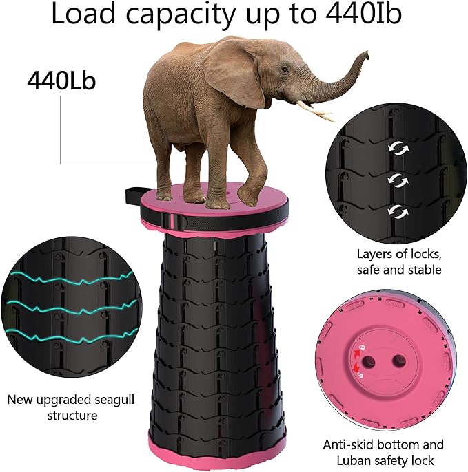 ALEVMOOM Upgraded Folding Stool with Cushion,Portable Collapsible Retractable Stool,Outdoor Chair,Yet More Sturdy Load Capacity 440lbs for Camping Garden Fishing Hiking BBQ with Carry Bag