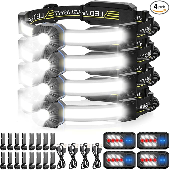LED Headlamp, 1000lumens 230° Widebeam Headlight 4 Packs, USB Rechargeable HeadLamp with Red Taillight, Lightweight Waterproof Headband Light for Camping Running Hiking, Hard Hat Headlamp