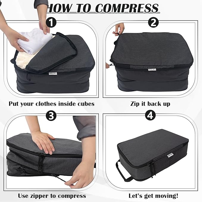 Compression Packing Cubes for Travel Essentials, 2 Set Expandable Packing Cubes for Suitcase Luggage Organizer Bags for Travel, Black