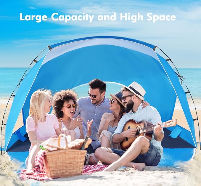 Beach Tent, Portable Sun Shelter for 2/3/4/6-8 Person with UPF 50+ UV Protection, Easy Setup Waterproof Beach Shade Canopy Cabana for Family Outdoor and Picnics, Fishing with Carrying Bag