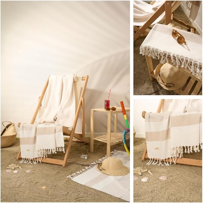 Ruvy Home Basics 2 Pack Turkish Beach Towels – Oversized Quick-Dry Bath Towels (40 x 72 Inches) – 100% Cotton Large Towels for Pool, Yoga, Travel, Camping Essentials, and Bathroom Decor - Beige