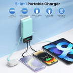 Portable Charger for iPhone,13800mAh Slim Power Bank with Built-in Cables & AC Wall Plug,All in One 4 Outputs USB C Fast Charging Battery Pack Travel Essential for iPhone 17/16/15/14,Android (Green)