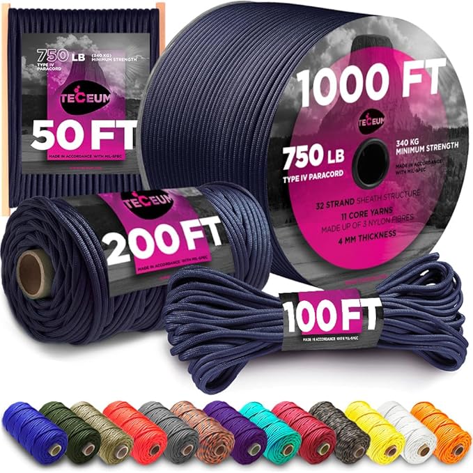 TECEUM 5/32" Paracord Rope 1000 – 1000ft / 200ft / 100ft / 50ft – Tactical Parachute Cord 4mm – 45+ Colors – Nylon String for Survival & Camping Gear – Stripe Cord for Survival – Utility Rope