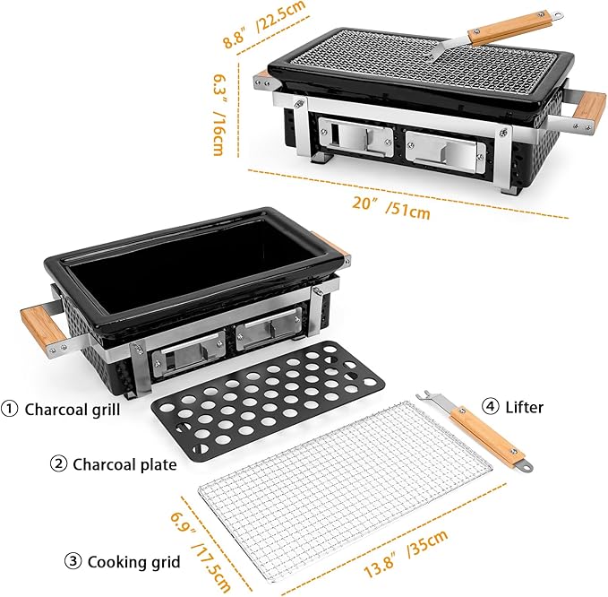 Onlyfire Charcoal BBQ Grill Hibachi Grill with Grid Lifter, Portable Yakitori Grill with Stainless Steel Grate, Barbecue Stove for Outdoor Camping Picnic Patio Backyard Cooking, GS306