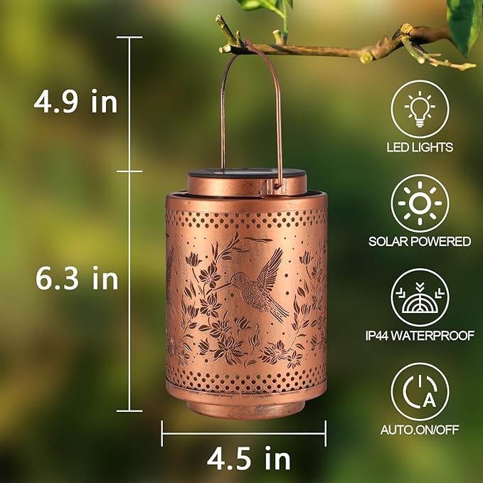 2 Pack Hummingbird Solar Lanterns Garden Decor Birthday Gifts for Women Mon Grandma Metal Hanging Solar Lights Waterproof Outdoor Decoration for Outside LED Lanterns for Yard