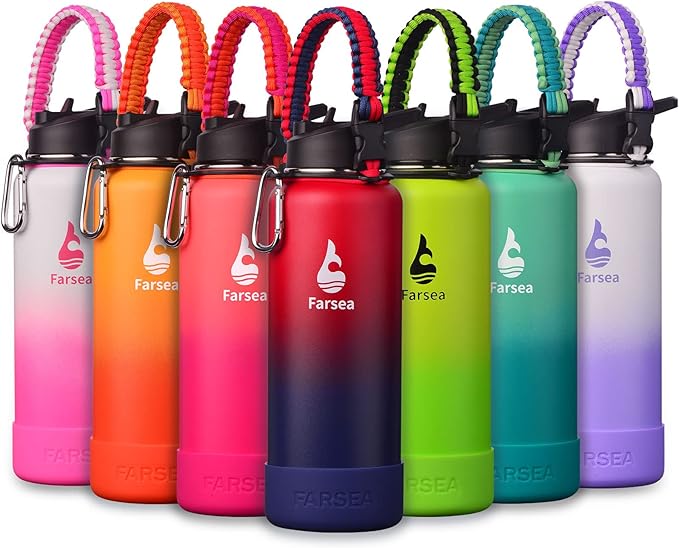 Farsea Insulated Water Bottle With Paracord Handle, Protective Silicone Boot and 2 Lids (Straw Lid & Spout Lid), Stainless Steel Water Bottle Wide Mouth, Double Wall Sweat-Proof BPA-Free, 40 oz