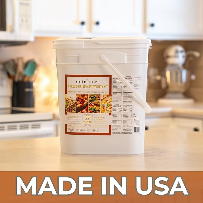 Nutristore Emergency Buckets | Premium Freeze-Dried Meats | 25-Year Shelf Life | Made in USA | Emergency Survival Food Supply | 60 Large Servings