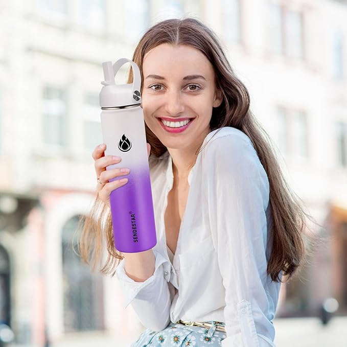 SENDESTAR Stainless Steel Wide Mouth Water Bottle 24oz Double Wall Vacuum Insulated Leak Proof Bottle with New Flex Straw Lid & Spout Lid