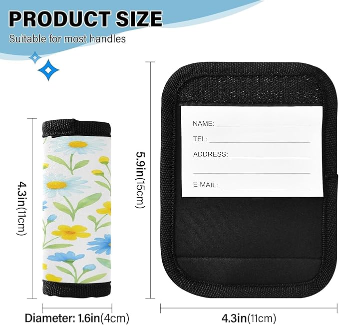 Wildflowers 2 Pack Neoprene Suitcase Wraps, Luggage Handle Wraps with ID Tag, Non-Slip Suitcase Handle Covers for Travel, Bag Strap Pad