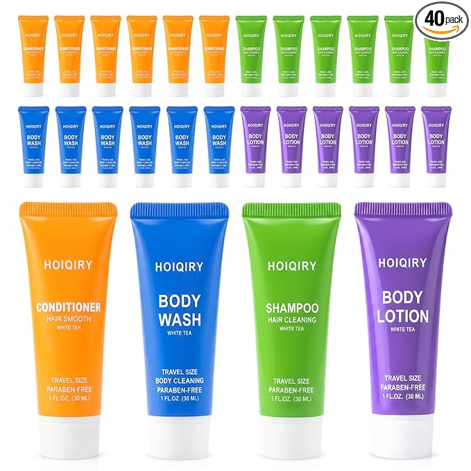 10 Set 4-IN-1 Travel Size Hotel Toiletries Bulk,40 Pack 30ml/1 fl oz Mini Hotel Toiletries with Body Wash,Shampoo,Conditioner,Body Lotion Guest Supplies Bulk for Homeless,Motel,Charity