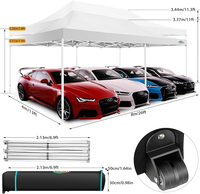 COBIZI 13x26 Pop up Canopy Tent 13x26 Canopy with 6 Sidewalls Waterproof Heavy Duty Commercial Canopy Tent for Parties Outdoor Tent Garden Gazebo Tent, Carry Bag with Wheel(13x26ft, White)