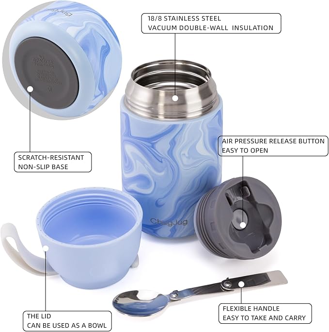 Thermo for Hot Food for Adults Kids | Wide Mouth, 18 oz Insulated Food Jar with Spoon, Leakproof Soup Thermo for School Office Travel, Thermal Steel Lunch Container Easy to Carry (Blue)
