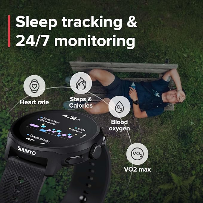 SUUNTO Run Running GPS Sports Watch with Silicone Strap, 1.32" AMOLED Touchscreen w/Crown Button, Wrist Heart-Rate & Sleep Health Tracking, Black