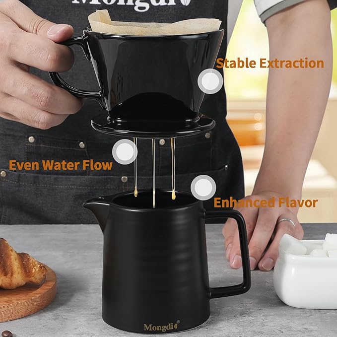 Mongdio Pour Over Coffee Maker, Ceramic Pour Over Dripper, Coffee Pour Over with 3 Holes Flat Bottom, Coffee Accessories for Home, Size 02 Black