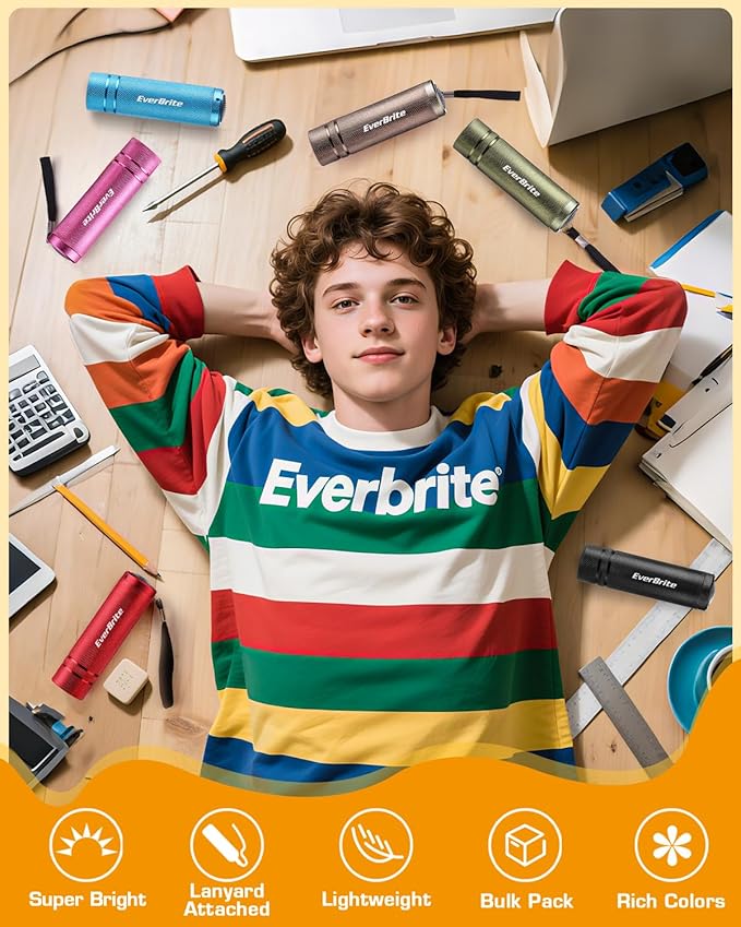 EverBrite 6-Pack Mini Flashlight Set, Aluminum LED Handheld Torches with Lanyard, Assorted Colors, Batteries Included for Party Favors, Night Reading, Camping, Power Outage, Gift to Christmas