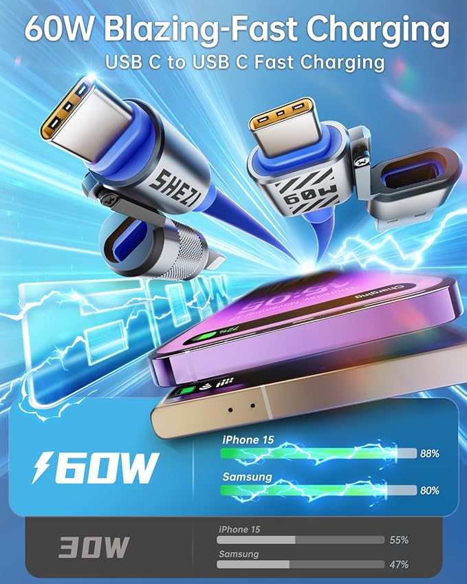 4 in 1 USB C Cable 60W 5FT Fast Charging & Data Transfer, Thicker Silicone Multi Charger Cord for iPhone iPad Charger Wire Combo with L/Type C/USB A for iPhone 16/15/Macbook (Blue)