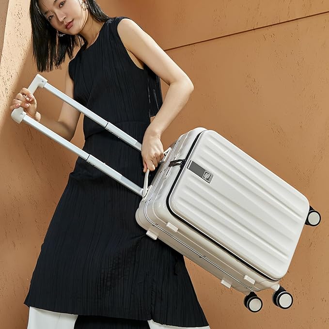 Hanke 20 Inch Carry On Luggage Aluminum Frame Front Opening Rolling Suitcase PC Hard Sided Luggage with Spinner Wheels Travel Luggage for Woman Men Gifts.(Dark Green)