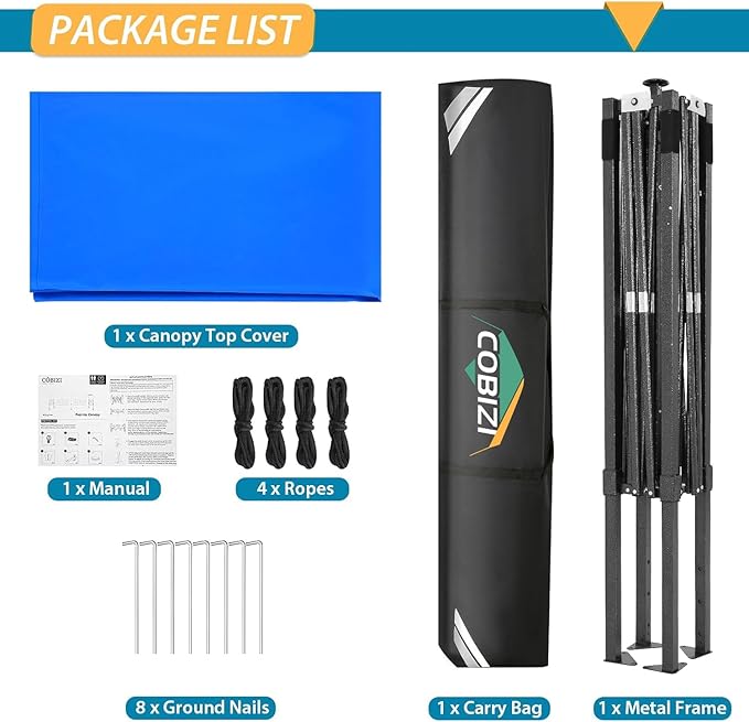 COBIZI 6.6x6.6 Pop Up Canopy Without Sidewall,Heavy Duty Canopy UPF 50+ All Season Wind Waterproof Commercial Outdoor Party Tents for Parties Canopy Gazebo with Storage Bag(6.6 x 6.6 ft Blue)