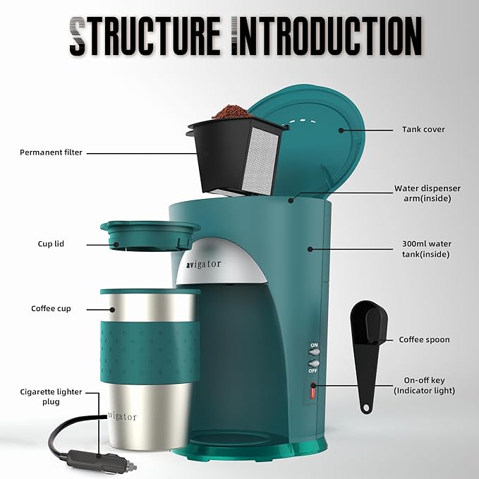 Portable Coffee Maker for Travel Camping Car, Ground Coffee Machine Single Serve with 10 oz Travel Mug for Traveling, RV, Office, Home and Dorm, 12V, Green