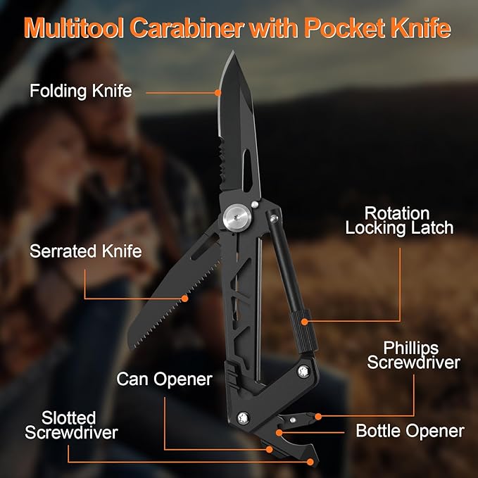 Multitool Carabiner with Pocket Knife, EDC Gear with Folding Knives, Bottle Opener, Window Breaker And Screwdriver, Fishing Gifts for Men Unique, Tactical Survival Gear for Camping And Hiking